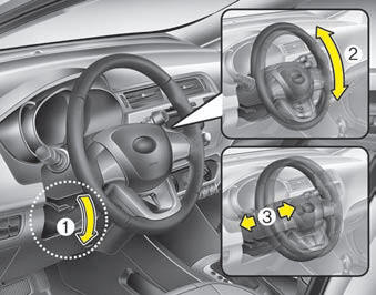 To change the steering wheel angle, pull down the lock release lever (1), adjust